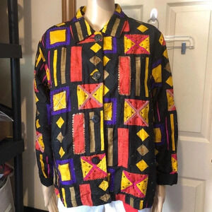100% Silk Chico’s Design Multi Color Pattern Women Blouse Plus Size 1/1X
